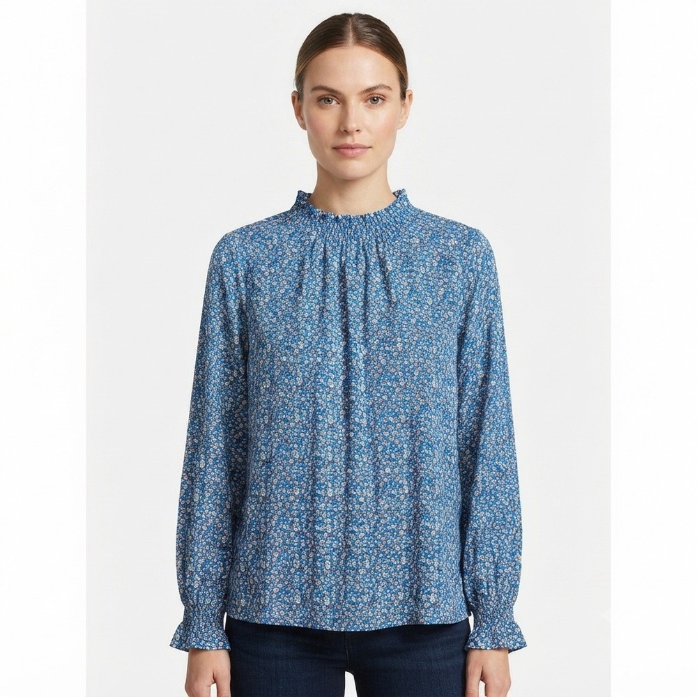BTFBM Blouse Womens XLBlue Floral Smocked Mock Neck Long Sleeve Top NEW